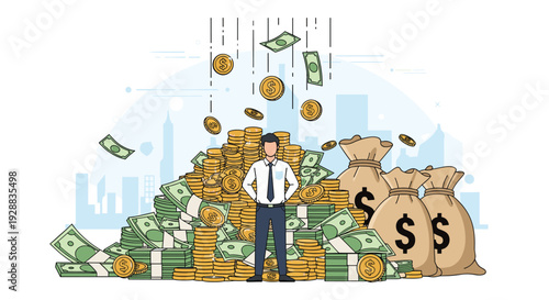 Proud businessman standing confidently amidst massive piles of gold coins, stacks of cash, and large money bags on white.