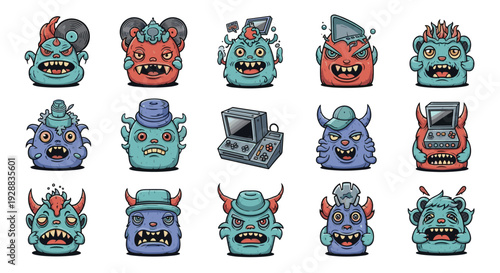 Wide variety of colorful and quirky cartoon monster characters with different facial expressions and funny accessories for kids.