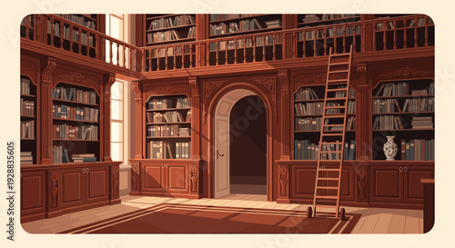 Beautifully detailed pixel art interior of a classic grand library featuring towering wooden bookshelves and a rolling ladder.