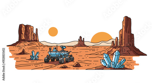 Futuristic planetary rover exploring a desolate desert landscape filled with tall rock formations and several large crystals.
