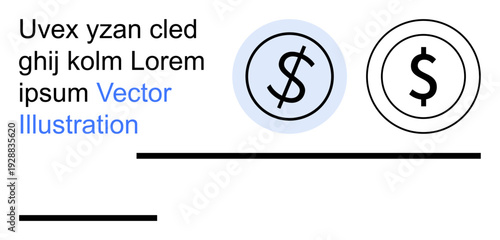 Business finance, branding, wealth concept, economic symbols, corporate design, money visualization. Two dollar sign icons with text and lines. Business finance and branding concepts