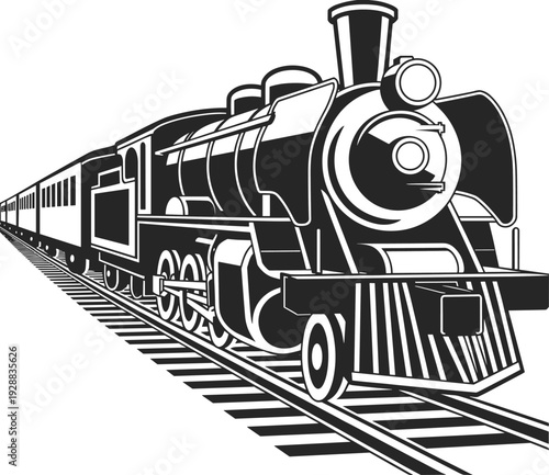Steam locomotive train vector illustration with detailed wheels, smokestack, and railroad tracks—ideal for historical artwork, travel branding, engineering heritage, and educational design projects.