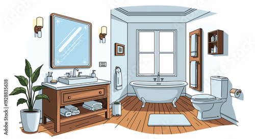 Bright and airy modern bathroom interior design featuring a classic bathtub, toilet, vanity sink, and a green potted plant.