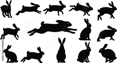 Wild forest animals silhouette set, featuring deer, bear, moose, ibex, and rabbit in mountain landscapes, vector nature scene for outdoor hunting decor.