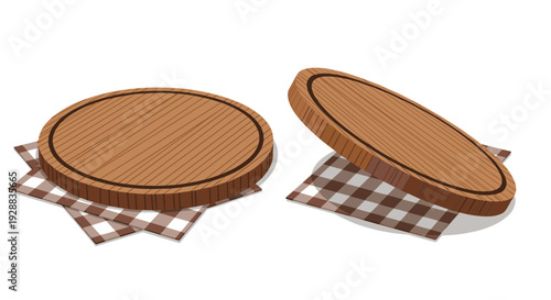 Pair of round wooden serving boards resting on brown checkered napkins isolated against a clean white background for food mockups.