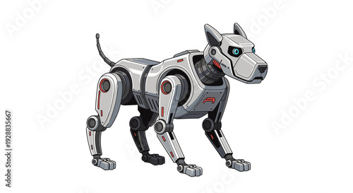 Sleek and modern robotic dog with a metallic silver body and red accents standing on a plain white background for tech projects.