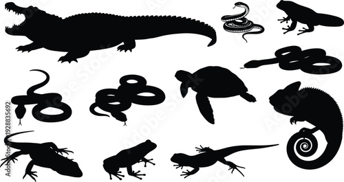 Wild forest animals silhouette set, featuring deer, bear, moose, ibex, and rabbit in mountain landscapes, vector nature scene for outdoor hunting decor.