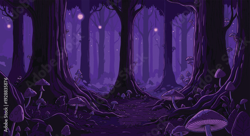 Enchanting purple forest at night with glowing lights and several large bioluminescent mushrooms covering the path ground.