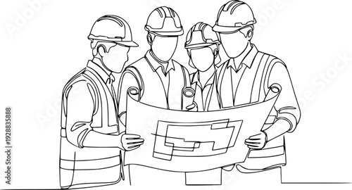 Construction Team Reviewing Blueprint – Engineer and Architect Line Art Vector