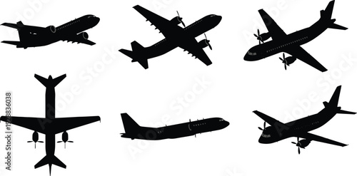 Black silhouettes of airplanes in various positions aircraft