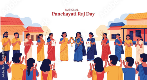 Illustration of diverse Indian community celebrating National Panchayati Raj Day with vibrant colors and traditional attire in a rural setting.
