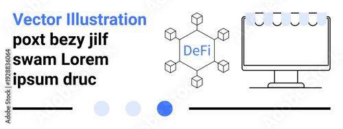Monitor connected to network structure visualizing decentralized finance. Ideal for blockchain, crypto, technology, fintech, networking, data visualization, simple landing page