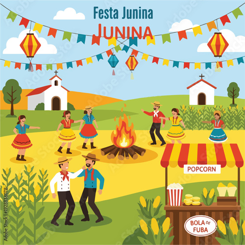 A festive gathering celebrates with dancing, food, and a bonfire