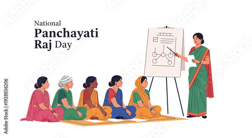 Illustration of a woman presenting a graph on a whiteboard to a group of people sitting on the floor, celebrating National Panchayati Raj Day with a vibrant and educational atmosphere.
