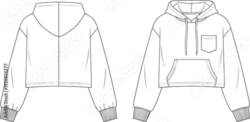 Cropped hoodie technical fashion sketch vector illustration, apparel design with front and back views, garment construction motifs