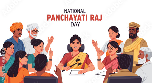 Illustration of diverse Indian community members participating in a village council meeting on National Panchayati Raj Day with civic leadership.
