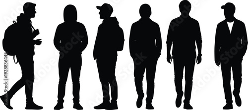 Black Silhouettes of Men and Young Adults in Casual Clothing and Streetwear Featuring Poses of Walking Standing and Wearing Backpacks Isolated on White Background
