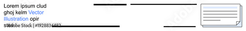 Information sharing, data organization, communication, virtual documents, business workflow, online systems. Horizontal lines and a document icon. Information sharing and data organization