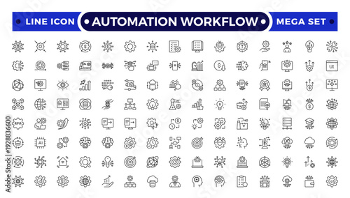Automation Workflow outline icon set. Contain icons related to digitalization, digital services, internet, cloud computing, technology, robotic AI, cloud data, and task management and more.