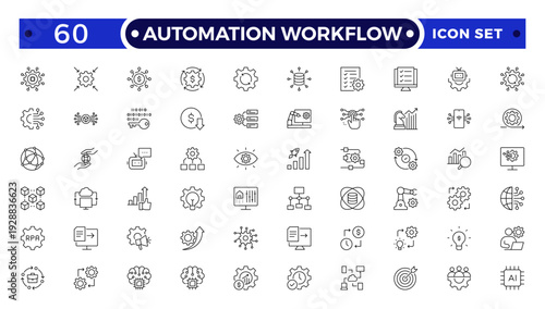 Automation Workflow outline icon set. Contain icons related to digitalization, digital services, internet, cloud computing, technology, robotic AI, cloud data, and task management and more.