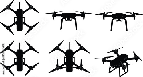 Black silhouettes of six drones in various orientations white background
