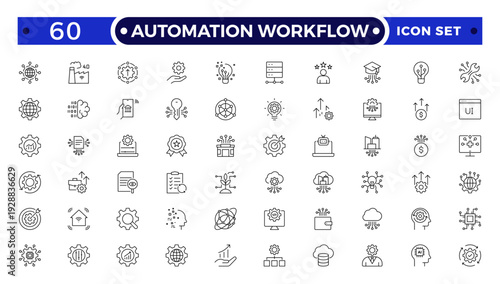 Automation Workflow outline icon set. Contain icons related to digitalization, digital services, internet, cloud computing, technology, robotic AI, cloud data, and task management and more.