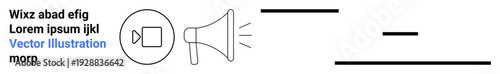 Marketing, advertising, media messaging, communication, audio promotion, content creation. Megaphone next to a video icon with scattered text and lines. Communication and media messaging concept