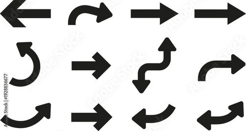 Directional arrow vector illustration set with straight, curved, and looped designs—ideal for navigation artwork, instructional diagrams, user interface elements, and signage projects.