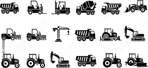 Black Construction Machinery Icon Set Featuring Heavy Equipment Like Excavators Dump Trucks Forklifts Tractors and Cranes Isolated on White Background for Industrial Vector Design
