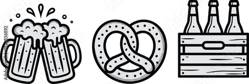 Beer mugs cheers, pretzel snack and bottle crate icons set, Oktoberfest festival alcohol symbols isolated on white background