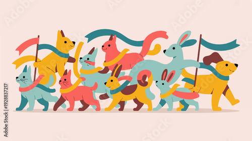 A vibrant vector illustration of a diverse group of colorful dogs and rabbits marching together in a celebratory procession with flags