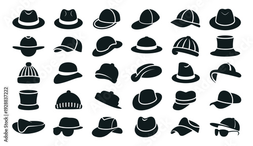 Various Fashion Hat Silhouette Icons Vector Black Headwear Set