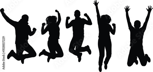 Black Silhouettes of Happy People Jumping in Air Featuring Energetic Men and Women Celebrating Success Isolated on White Background for Vector Graphic Design