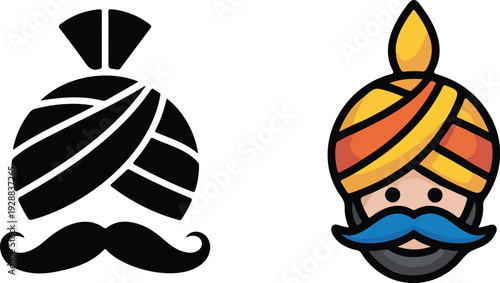 Sikh Man Turban Icon Collection Traditional Headwear and Mustache