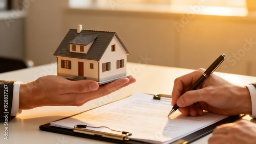Person holding house model while signing document