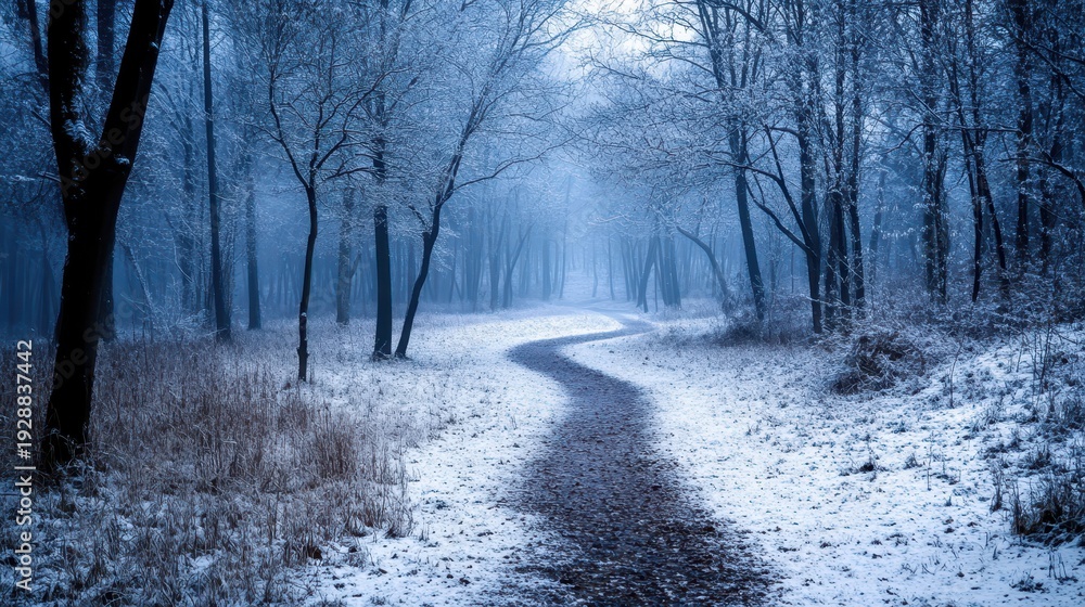 Obraz premium A quiet, snow-covered forest path winding through winter trees under soft, natural light