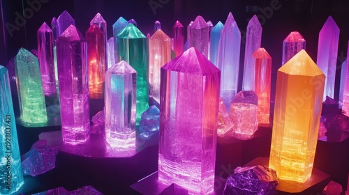 A captivating modern art installation featuring vibrant, illuminated crystals in a contemporary gallery setting.