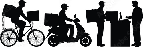 Courier delivery silhouettes showing bike messenger and scooter rider transporting packages and handing parcels to customer, illustrating fast shipping, logistics service and last mile delivery