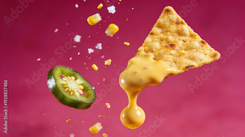 Wallpaper Mural Tortilla chip with dripping cheese and green jalapeno slice. Falling corn kernels in festive arrangement. Mexican snack concept for Cinco de Mayo fiesta celebration and party appetizers Torontodigital.ca