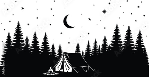 Vector illustration of stylized camping night scene with tent, campfire, pine forest, stars, and crescent moon symbolizing adventure and nature