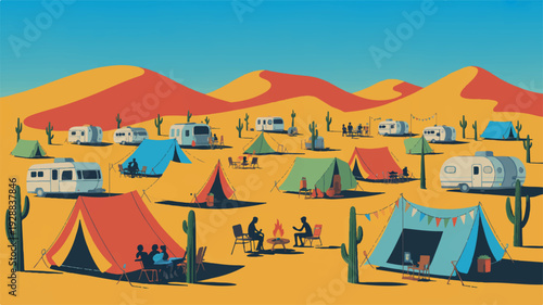 Vibrant desert camping scene with colorful tents rvs and people enjoying outdoor adventure in a sunny desert landscape with cacti and mountains