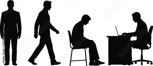 Male silhouette set showing standing, walking, sitting and working at desk with laptop, representing daily life, office routine, posture and professional lifestyle concepts