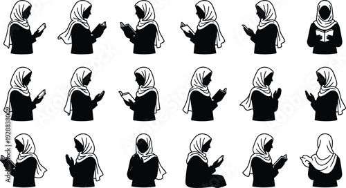 Muslim woman in hijab praying and reading Quran silhouette collection, Islamic worship poses set isolated on light background for religious education, spirituality themes and cultural design