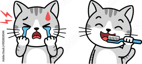 Cute Cartoon Cat Dental Care Line Art Kitty with Toothache and Brushing Teeth Illustration Set