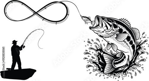 Vector illustration of stylized fisherman with infinity fishing line and leaping fish symbolizing passion, eternity, culture, and tradition