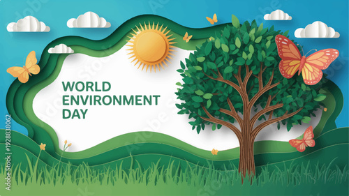 Vibrant world environment day illustration with tree butterflies sun