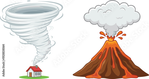 Natural disaster illustration featuring tornado cyclone near house and erupting volcano with lava flow and smoke, dramatic environmental hazard concept isolated on light background