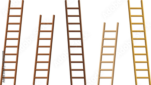 Set of wooden ladders in different styles and colors, construction and household climbing tools illustration isolated on light background for repair, maintenance, and industrial design use