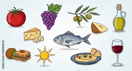 Mediterranean Diet Ingredients and Food Items Collection.