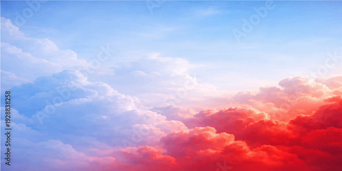 Beautiful sunlight breaks through a dramatic cloudscape at sunset, painting the blue sky with orange and red hues for a breathtaking nature landscape